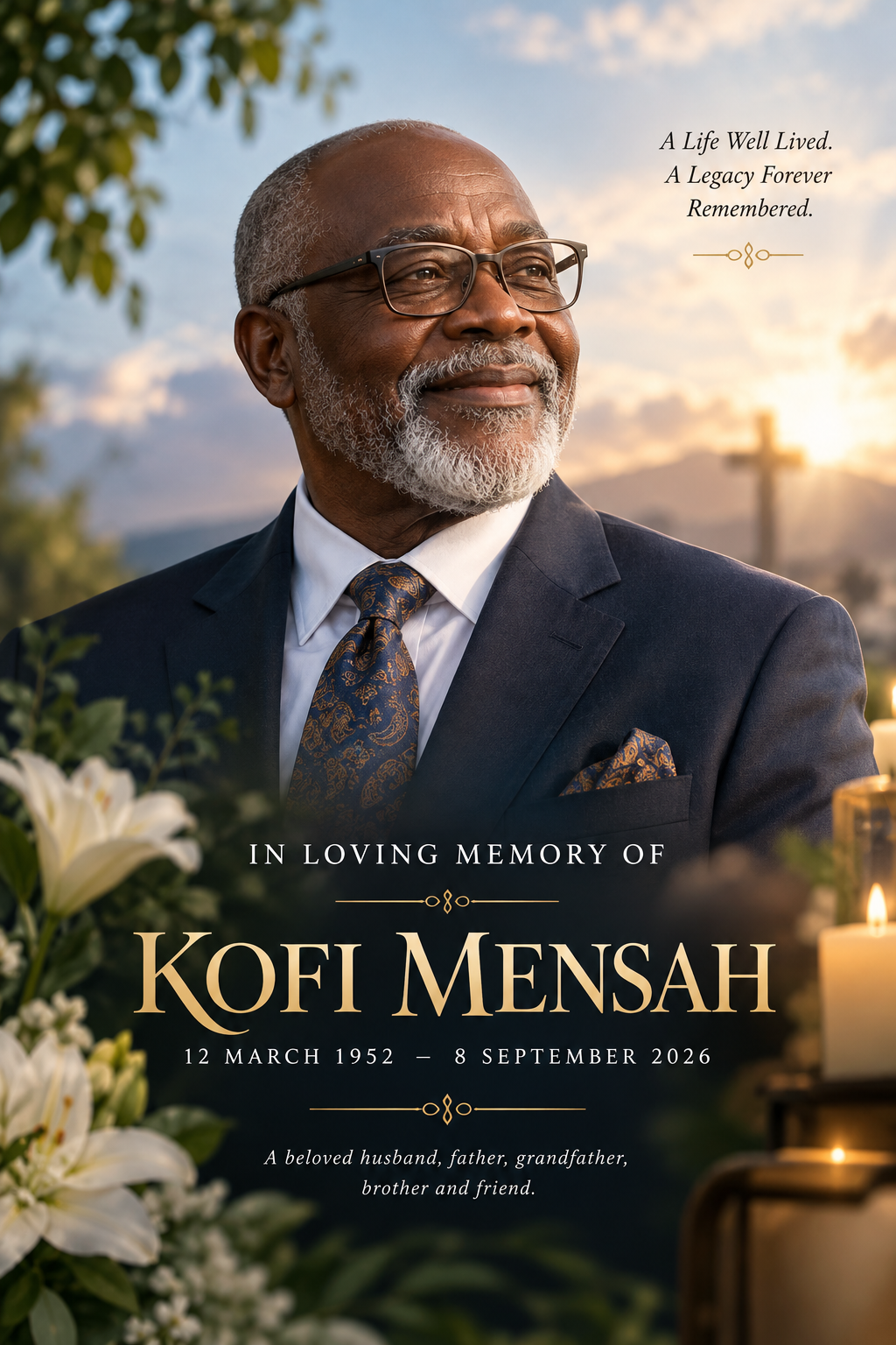 Sample memorial portrait of Kofi Mensah
